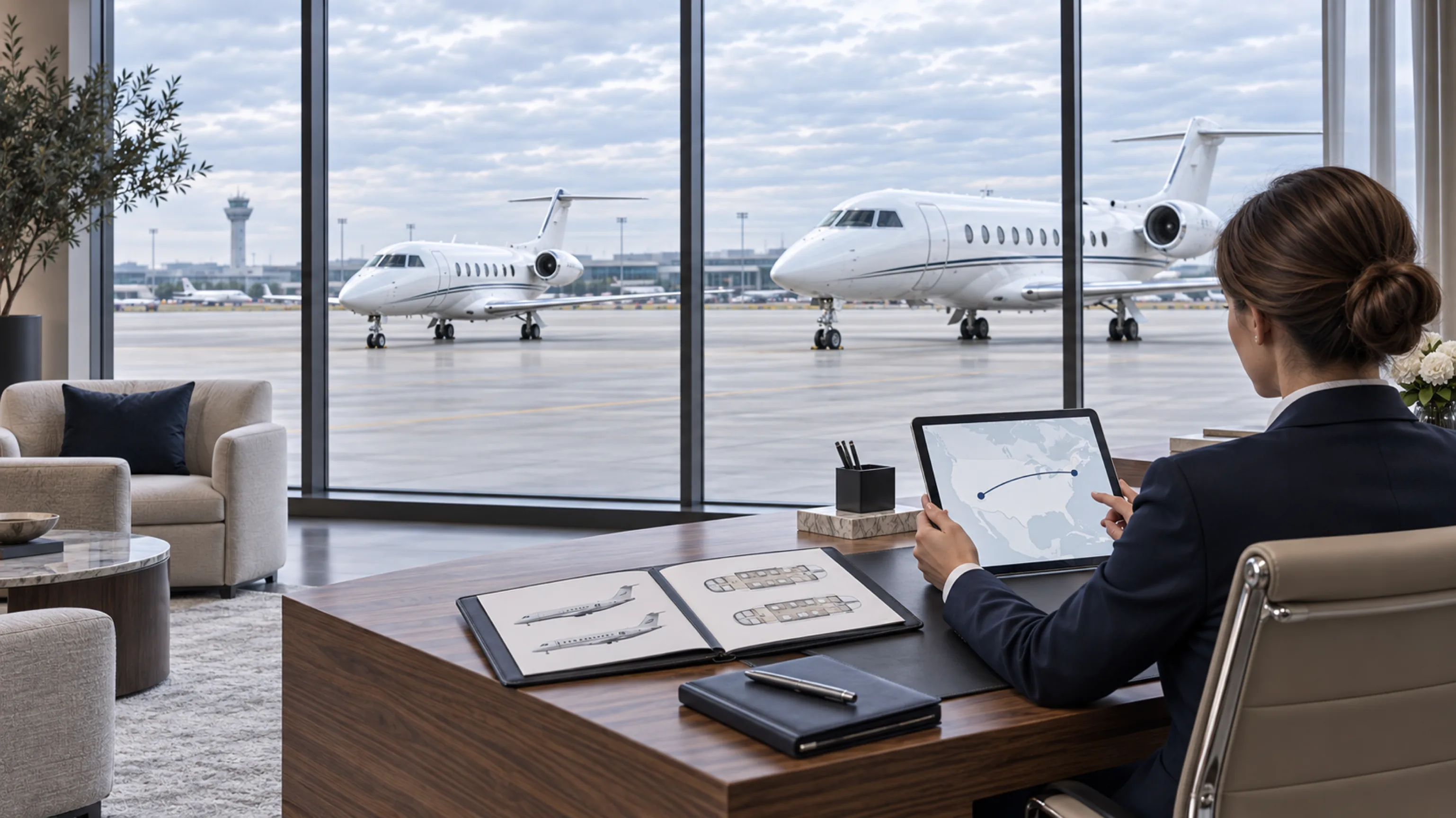 Charter specialist planning a private flight beside the runway