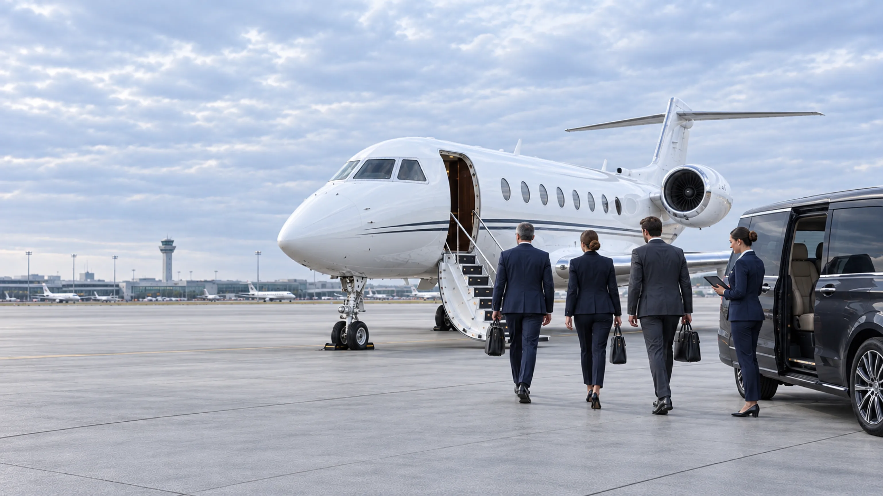 Business travellers approaching their private aircraft