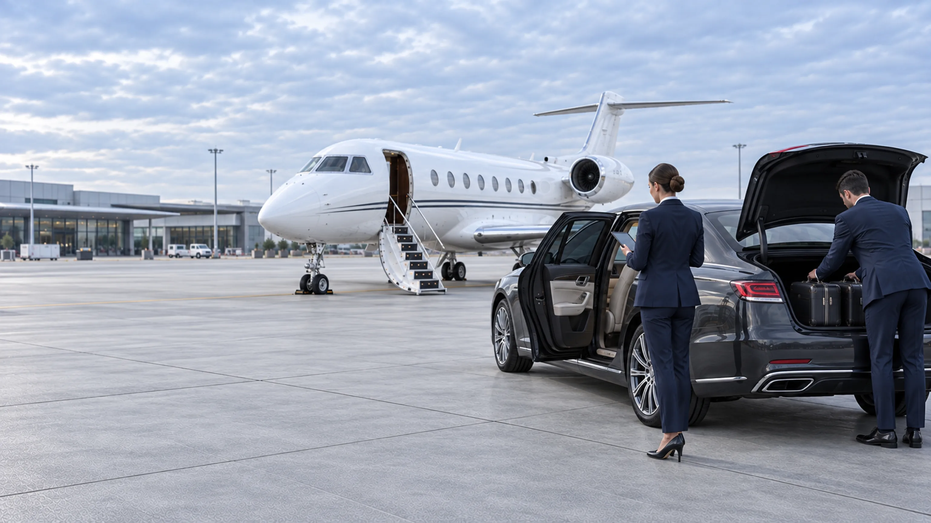 VIP passenger receiving personal assistance beside a private aircraft