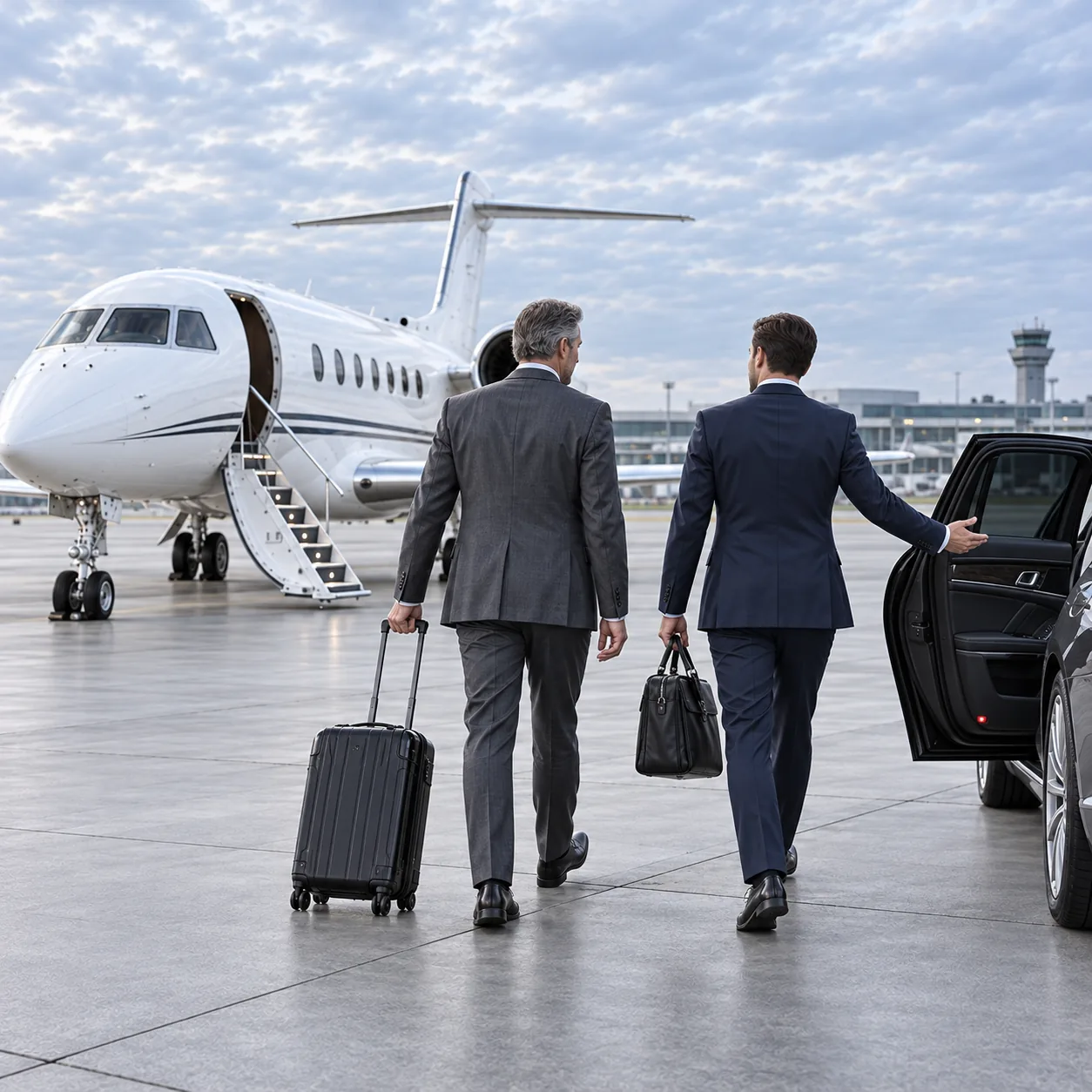 Travellers receiving support beside a private aircraft
